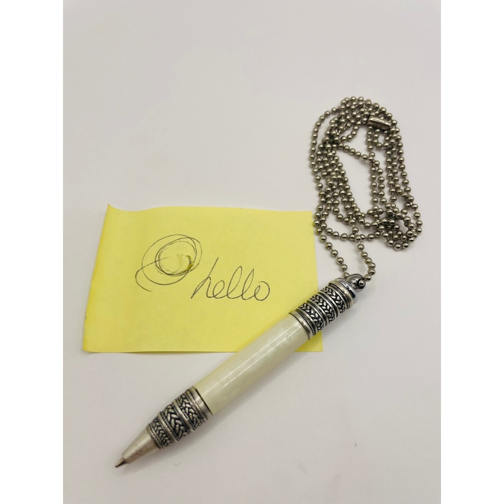 Pearlescent Ballpoint Pen Necklace Silver Tone Ornate Cream Resin Ball Chain